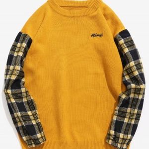 Sleeve Plaid Patchwork Knit Sweater